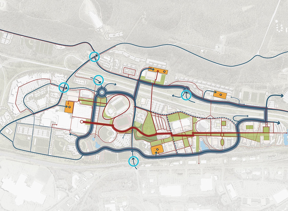 The plan organizes the many previously fractured aspects of campus life into a cogent assembly of quads, academic facilities, and student amenities, all connected by a new 1.5-mile-long accessible campus walk.